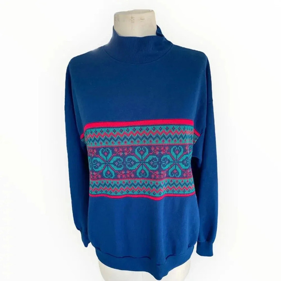 Vintage  Mock Neck Blue Geometric Sweater Print Oversized Sweatshirt M/L - Picture 1 of 8